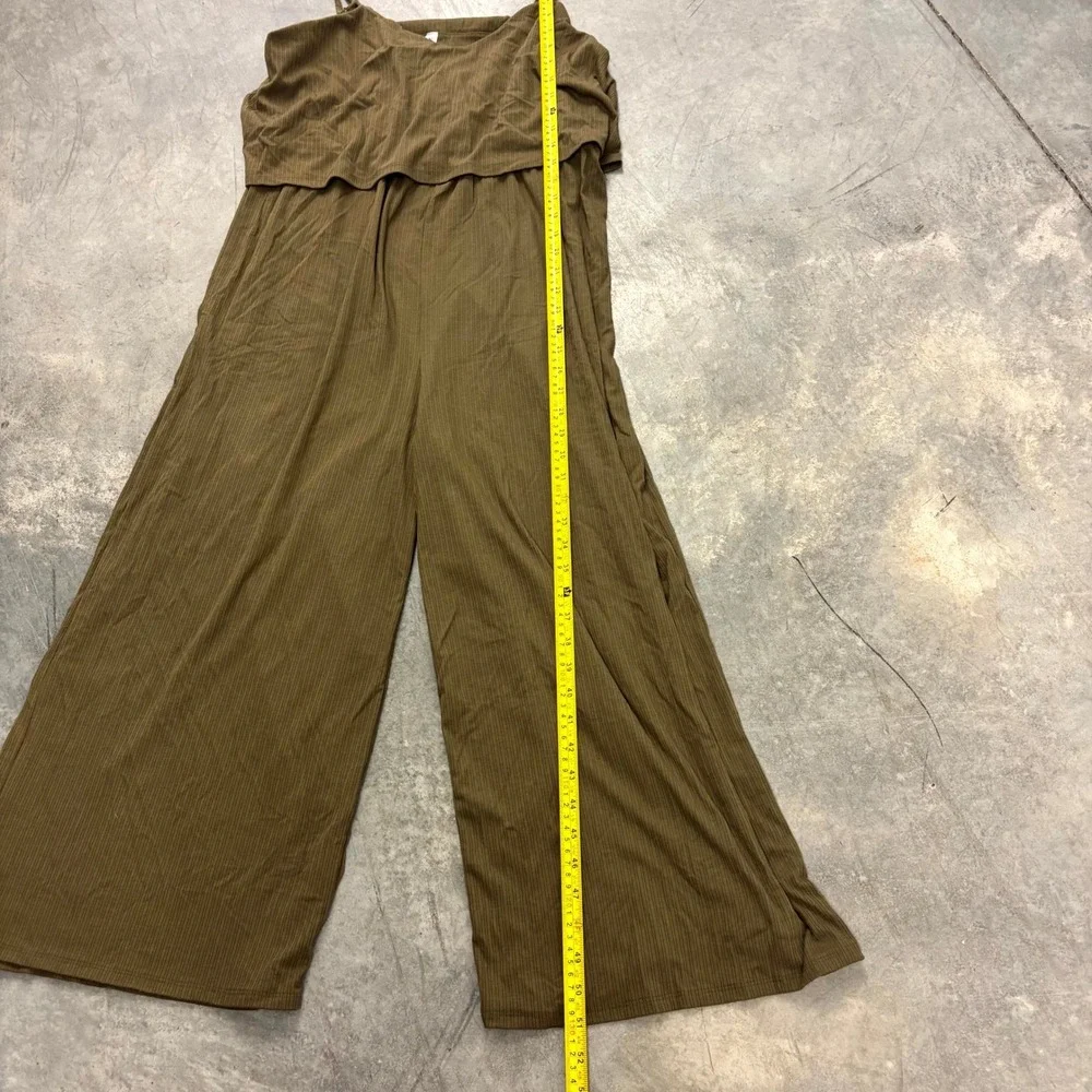 Zenana Womens Ribbed Wide Leg Jumpsuit Olive Green V Neck Sleeveless Plus 2X - Picture 4 of 9